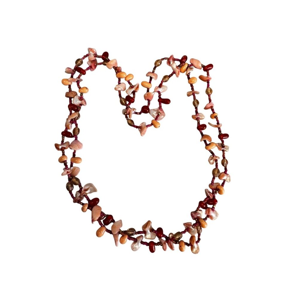 Vintage Hand Strung Shell Carnelian Agate Long Boho Beach Necklace 48 Inch - Picture 3 of 8